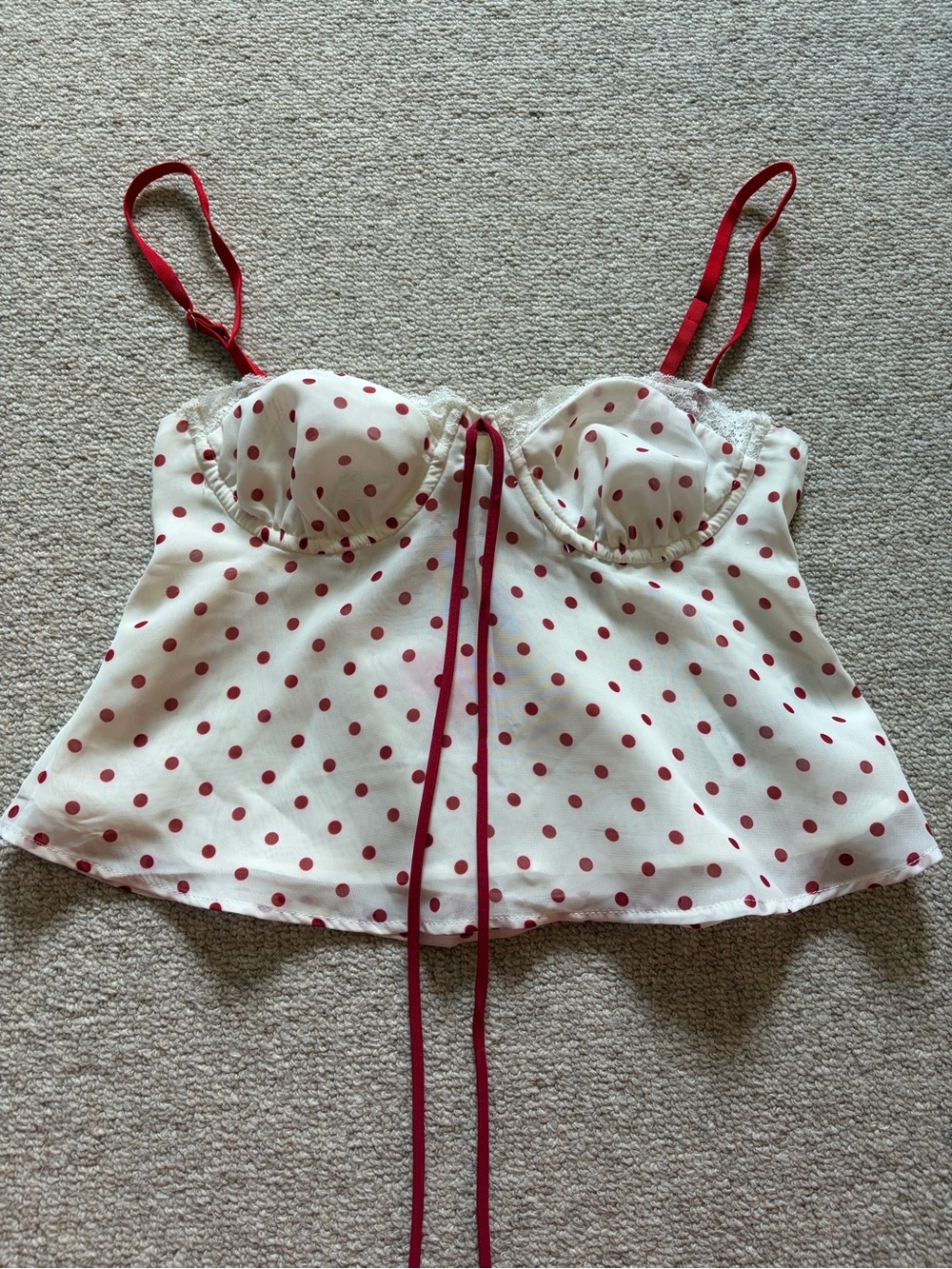 Edikted White Satin Cami with Red Polka Dots
